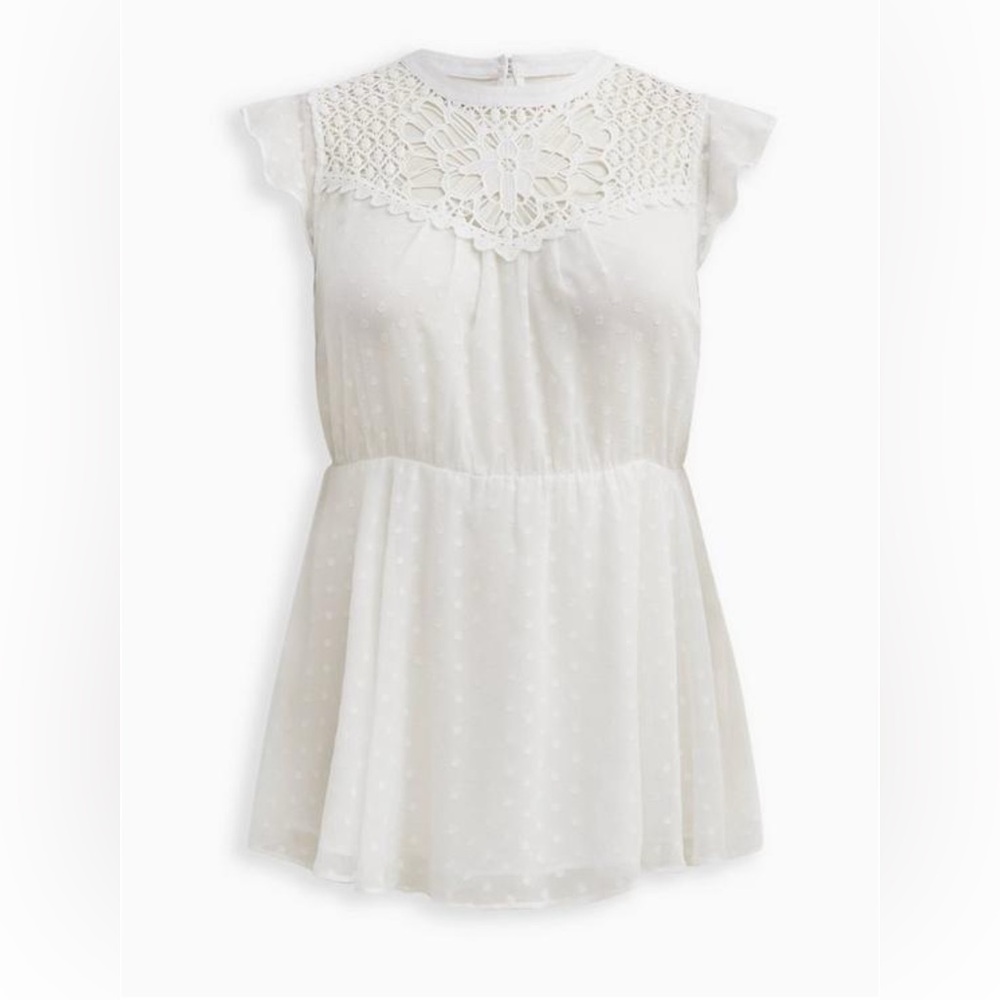 Torrid Peplum Chiffon Clip Dot Crochet Trim Top Elegant White Lace Women's Top